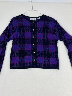 Allison Smith Vintage 90s Purple Plaid Cardigan Sweater Size S
